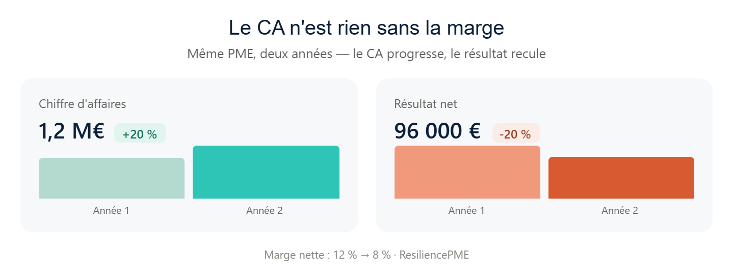 Comparaison chiffre d'affaires et résultat net sur deux années, illustrant l'impact de la marge bénéficiaire